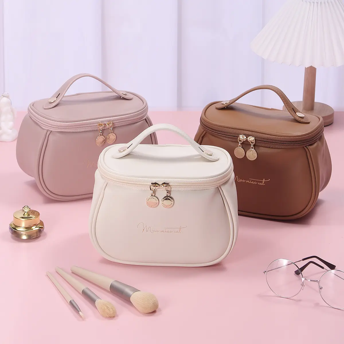 HOT 2023 ! Korean Travel Cosmetic Bag Bahan Kulit PU / Tas Makeup Kosmetik dengan Sekat Kuas Anti Air Waterproof
