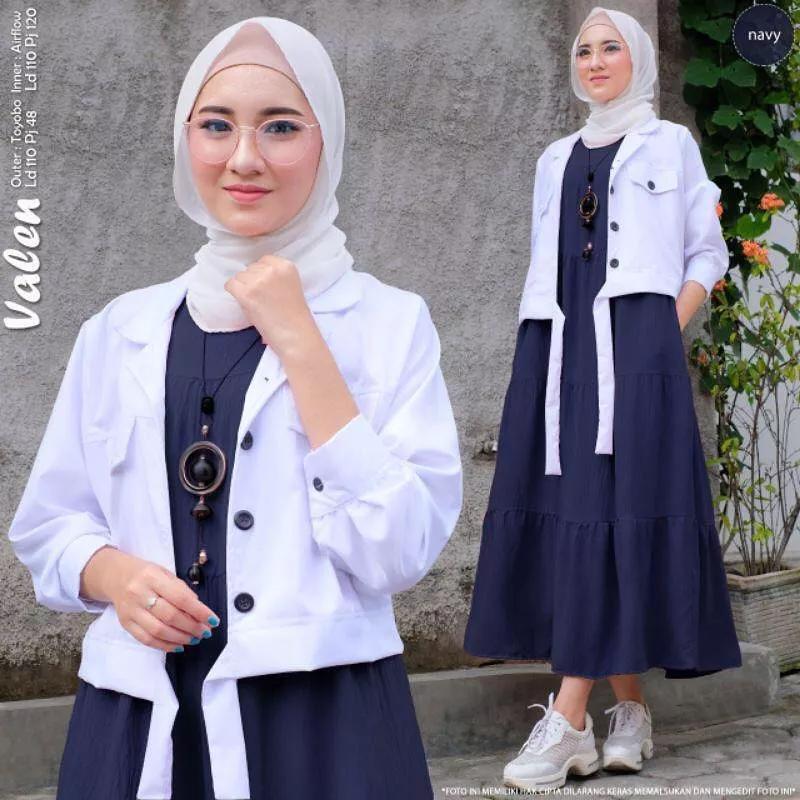 Valen set 2in1 Setelan Polos  Baju  wanita Muslimah Iner  Gamis Panjang + Atasan outhers Putih Terbaru Kancing Aktif Bahan Crinkle Fremium 6