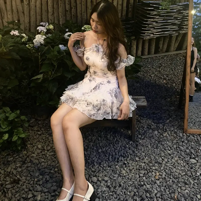 [D1] Đầm Bồng Nữ Thiết Kế Cổ Yếm Voan Phối Tay Trễ Mix Dáng Váy Bồng Bềnh phong cách tiểu thư  vay mactet Women Dress Voi 2
