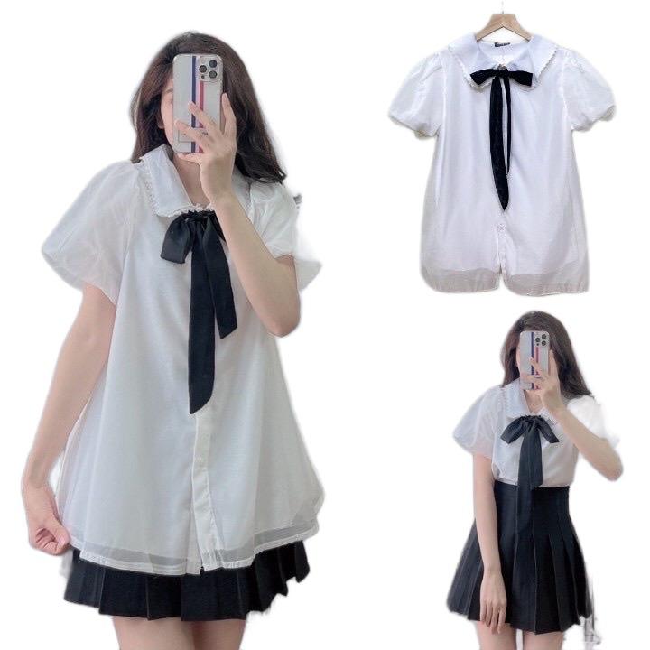 Áo babydoll voan cổ bèo viền ren thắt nơ dáng xòe,Áo Sơ mi nữ kiểu tay bồng cổ nơ cực xinh