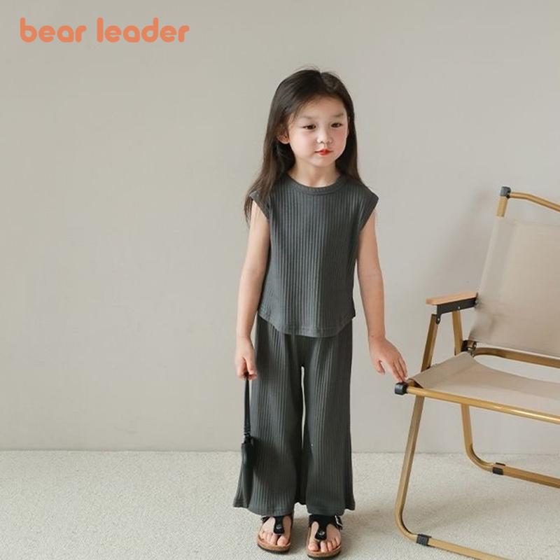 Bear Leader Summer Solid Color Baby Girls Casual Clothing Sets Sleeveless Round Neck T-shirt Top and Wide Leg Pants Suit 2-7 Years Old Pit Striped Kids Clothes 6