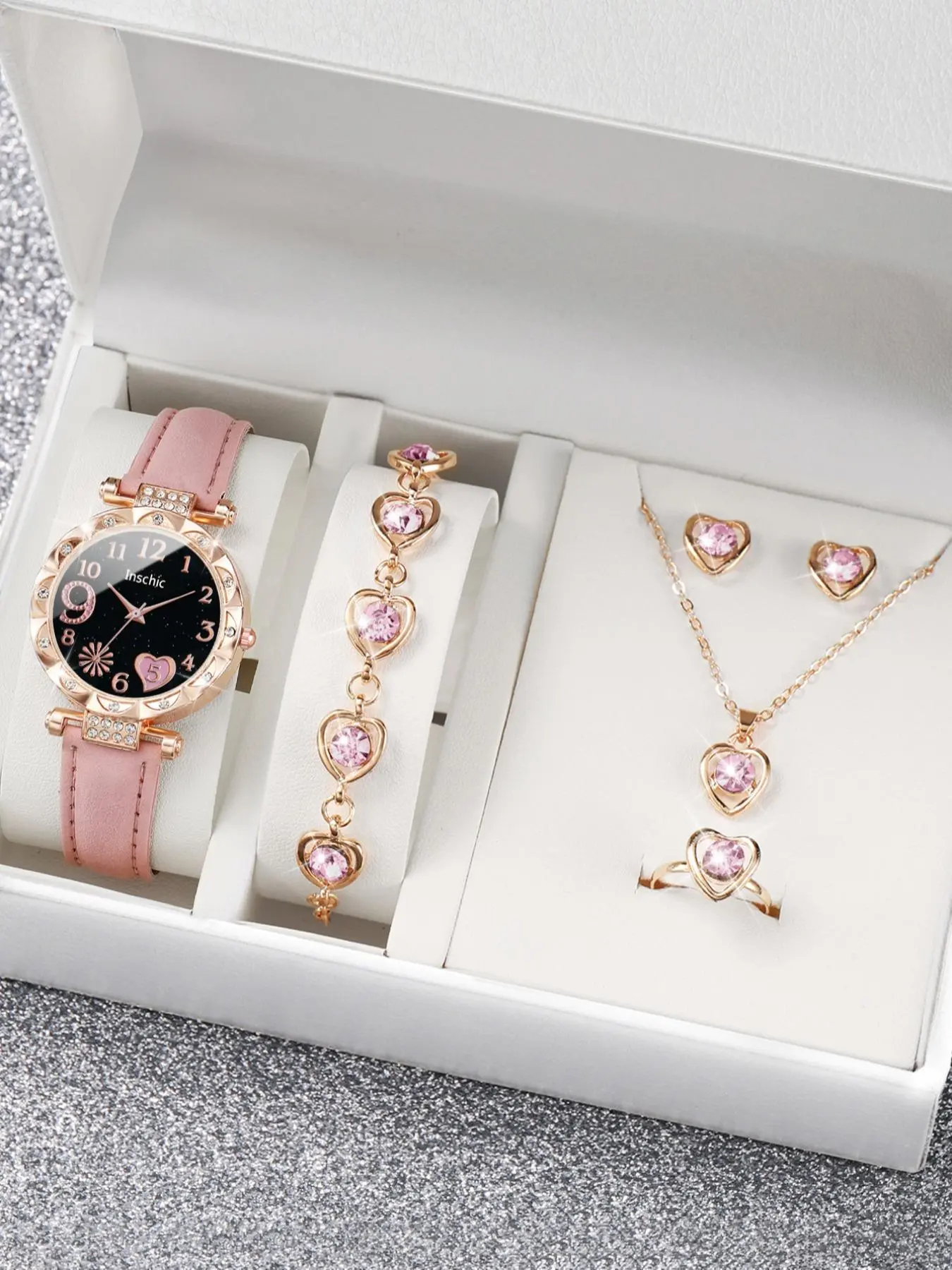 Elegant Wristwatch & Jewelry Set, Business Watch & Rhinestone Decor Heart Design Stud Earrings & Ring & Pendant Necklace & Bracelet, Chic Gorgeous Watch Set without Box As Gift, Valentine's Day, Unique Gifts for Women