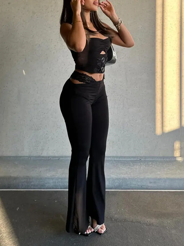 Women's Solid Color Crop Cami  Top & Flare Leg Pants Set, Casual Fashion Cozy Two-piece Outfits for Daily Outdoor Wear, Ladies Clothes for Summer 2