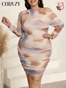 CURVZY Plus Size Plain Ruched Asymmetrical Neck Bodycon Dress, Elegant Long Sleeve Knee Length Dress for Party Holiday Wedding Guest, Women's Clothes for Spring & Fall