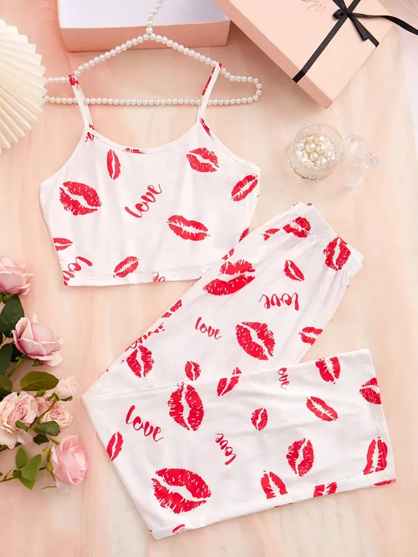 Women's All Over Lip Print Crop Cami Top & Pants Two-Piece Set, Casual Comfy Two-Piece Set for Home Wear, Summer Clothing Set for Women 0