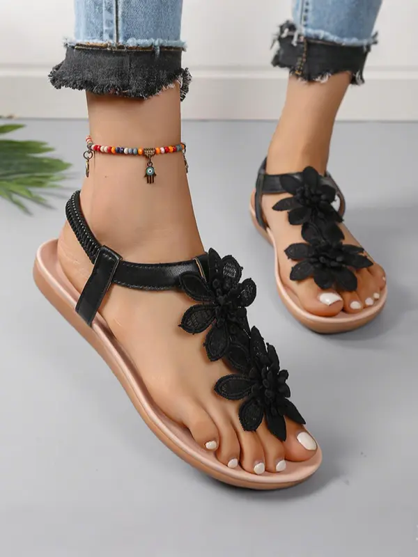 Women's Fashionable Flower Decorated Slingback Sandals, Casual Boho Style Flat Sandals for Beach Vacation, All-match Commuter Shoes for Work & Daily Wear 7