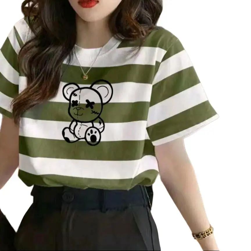 Áo phông ngắn tay Kẻ sọc Gấu và Số 76 T34-T51 Top Nữ Nữ Women Cổ Tròn Cổ Tròn