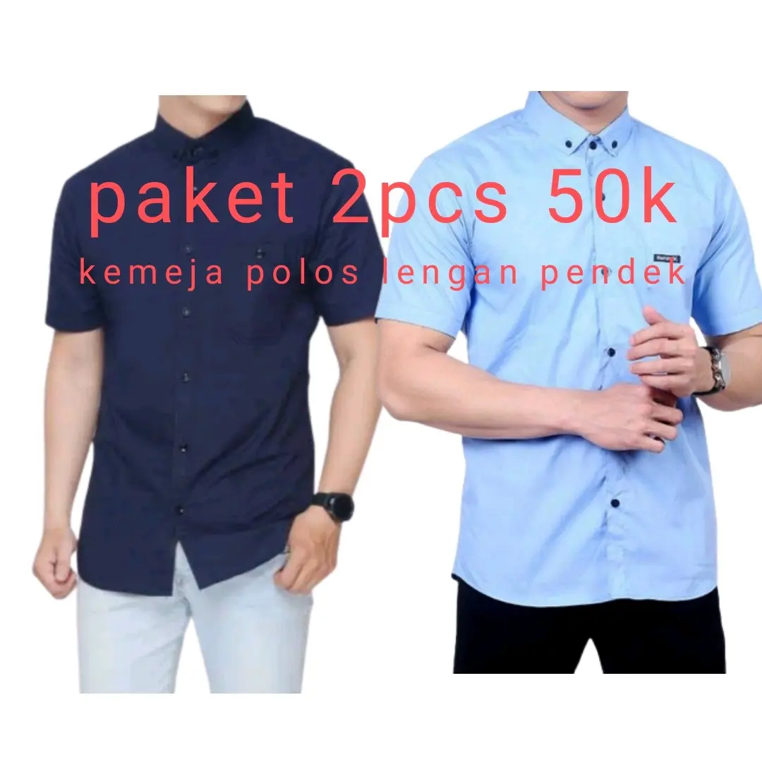 Paket 2Pcs 50k Kemeja Polos Pria Lengan Pendek Baju Kasual Murah Hitam Putih Navy Biru Maroon Army Hijau
