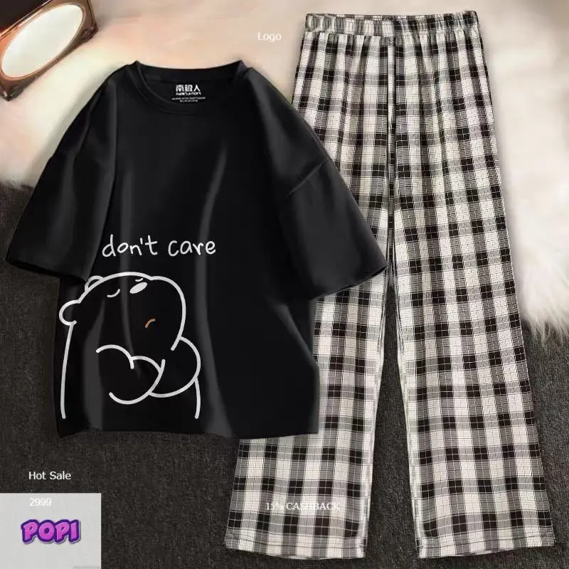 [FREESHIP] Sét Áo phông Gấu Don' care+ quần kẻ Karo nhiều màu, Đồ UNISEX mặc ở nhà và đi chơi, chất đẹp, mặc không xù  POPI.36