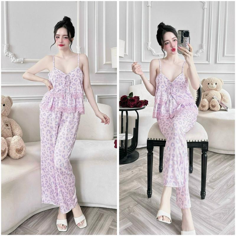  Đồ bộ ngủ hai dây quần dài dành cho nữ họa tiết in 3D chất liệu lụa latin mềm mịn kiểu dáng hai tầng Áo Ngủ 