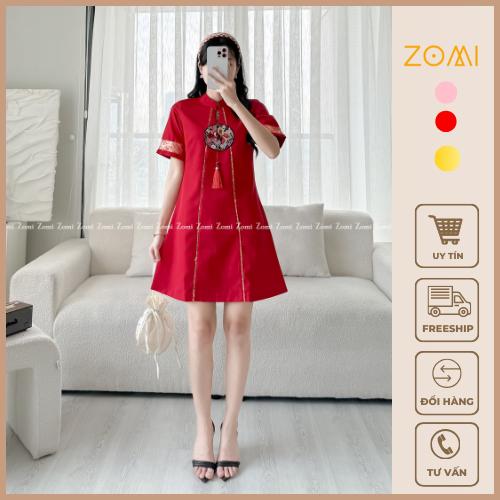 Đầm gấm cách tân thêu hoa văn cao cấp , váy cách tân, đồ Tết, váy Tết xinh ZOMI d9305