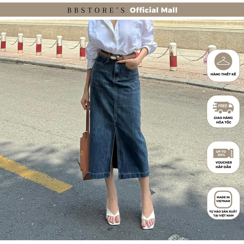  Chân Váy Jeans Form Dài Xẻ Tà Trước BBSTORE'S - V3488 Nữ Women 