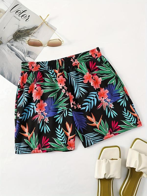 Women's Tropical Print Pocket Elastic Waist Shorts, Casual Comfy Floral Leaf Print Shorts for Summer, Ladies Bottoms for Daily Wear 3