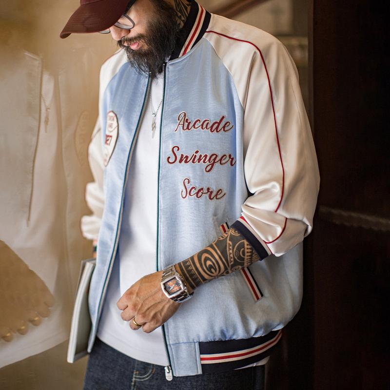 Áo Khoác Bóng Chày Sukajan Dành Cho Nam Giới Phong Cách Cổ Điển Thiết Kế Thêu Satin Áo Khoác Varsity Áo Mặc Bên Ngoài Y2K Áo Khoác Bomber Màu Xanh Dương Lấy Cảm Hứng Từ Yankees MADEN