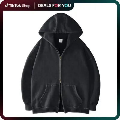 Heavyweight Cropped Black Washed Zip Up Hoodie with Two