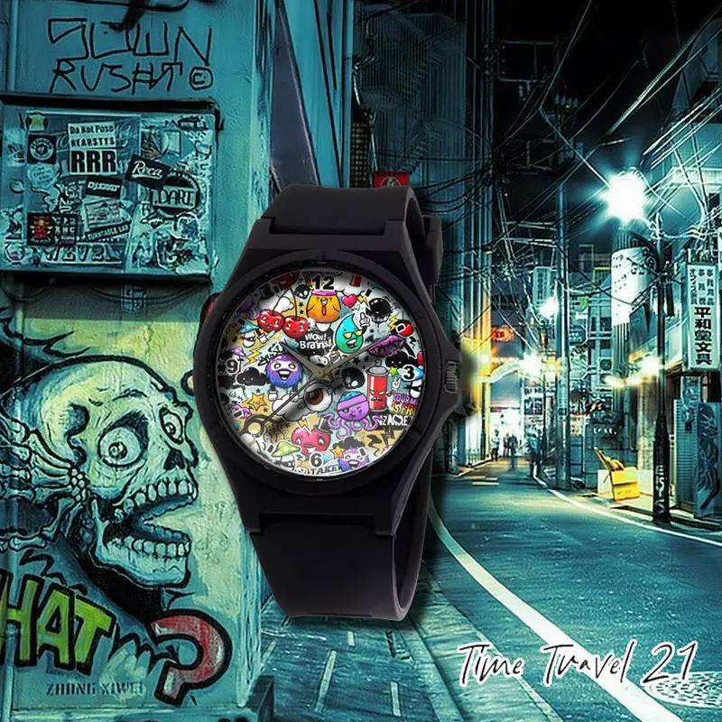 Jam Tangan Unisex Pria /wanita Distro Grafity Strap Ruber Street Art Polos DS04 2