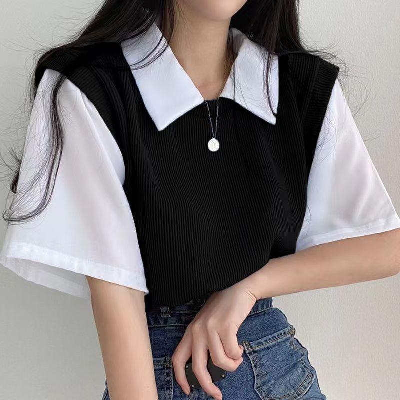 Product Introduction of Áo Phông Ngắn Tay, Phong Cách Preppy, Ve Áo Polo Mùa Hè, Hai Mảnh Giả, Màu Tương Phản, Dáng Rộng Vừa Vặn, Áo dễ phối đồ Đi Chơi Dành Cho Nữ, Phong Cách Ins 4