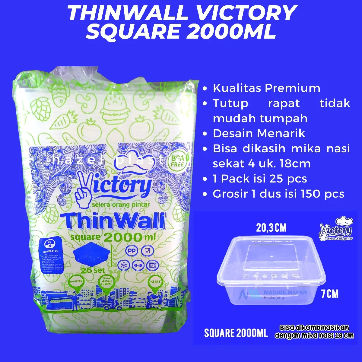 (25pcs) Thinwall Victory Square 2000ml / Kotak Makan Nasi Bekal Plastik Tahan Panas / KLIR / KOKIKUU Kitchenware