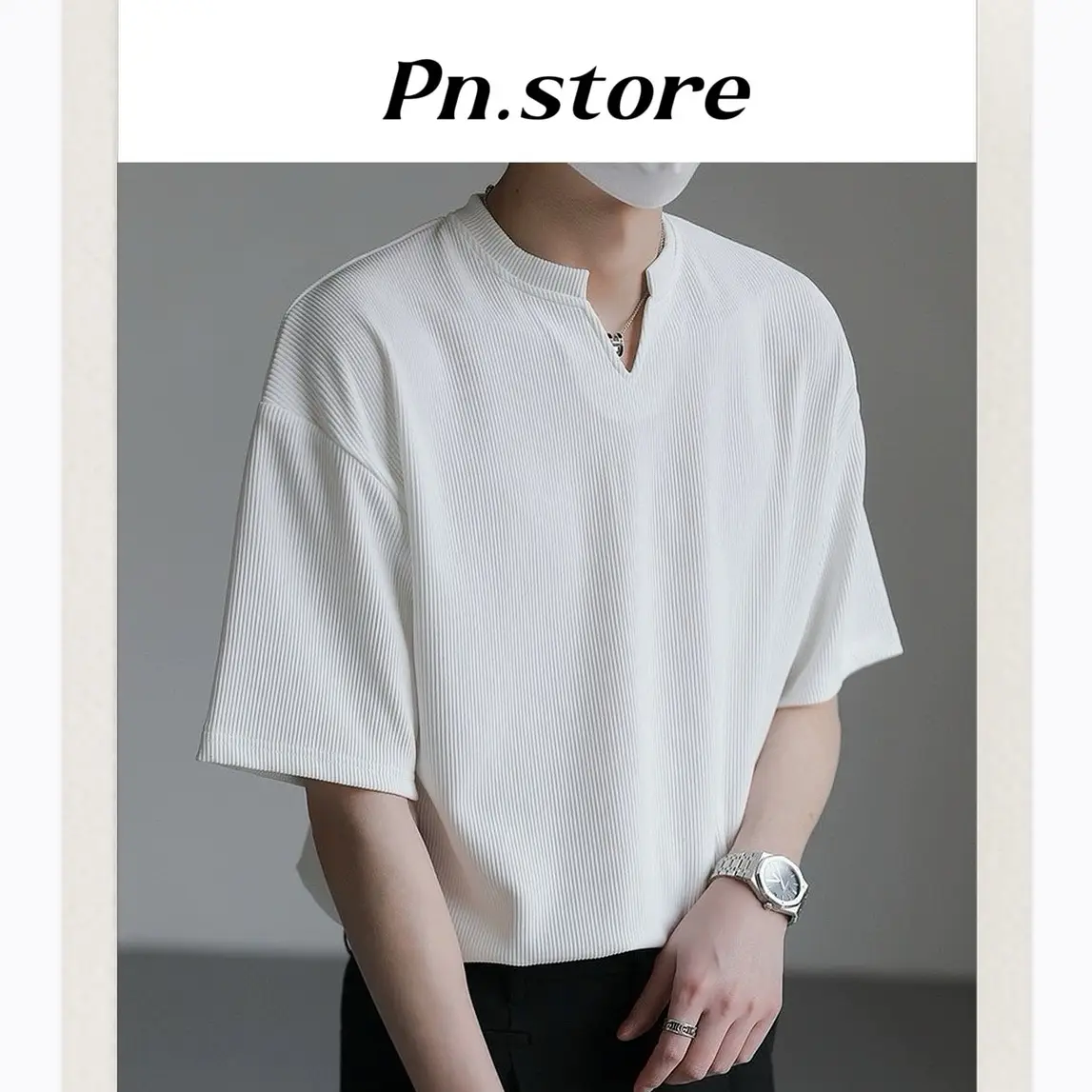 ÁO thun gân cổ chữ v ngắn tay PN.STORE fom rộng giáng trẻ trung dễ phối đồ Nam Menswear Đen