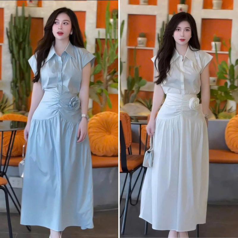 Set nữ áo sơ mi tay ngắn, Chân váy nhún dáng dài eo phối tag hoa cài Hb.closet S216 Women Voi
