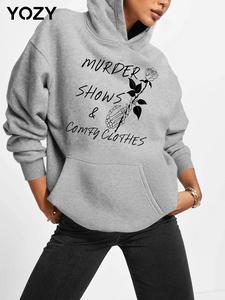 YOZY Women's Floral & Skeleton Hand & Letter Print Drop Shoulder Hoodie, Fashion Casual Pocket Long Sleeve Hooded Sweatshirt for Daily Holiday Outdoor Wear, Ladies Clothes for Fall & Winter