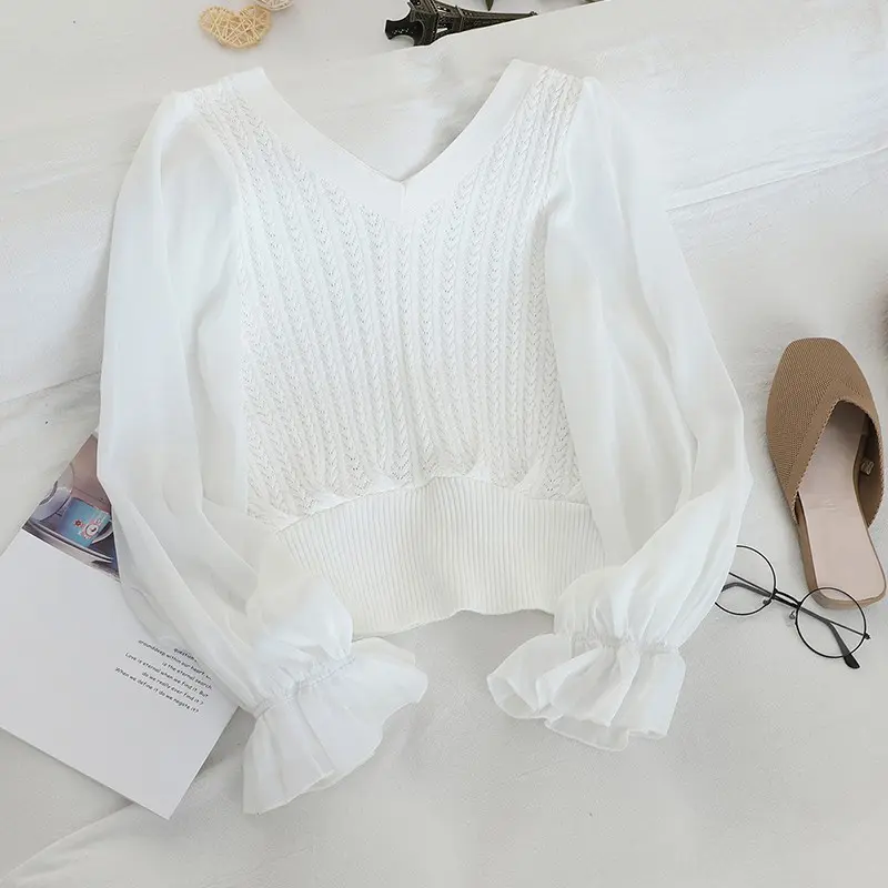 T Shirt Wanita Rajutan Chiffon Top Longgar Lentera Lengan Chiffon Dijahit Atas V-Neck cardigan  korea maudy  sweater 7