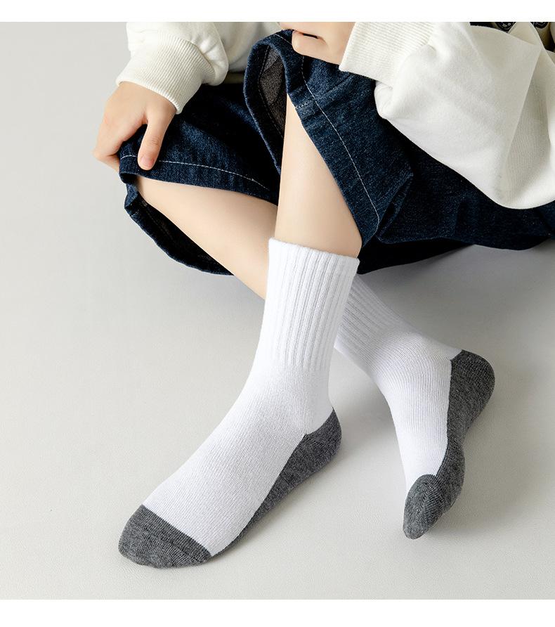 Product Introduction of [5 pair]Pure White Children'S Student Socks. Four Seasons Style. Black, White And Gray Cotton Mid-Calf Socks. Baby Socks. Sports Socks. 7