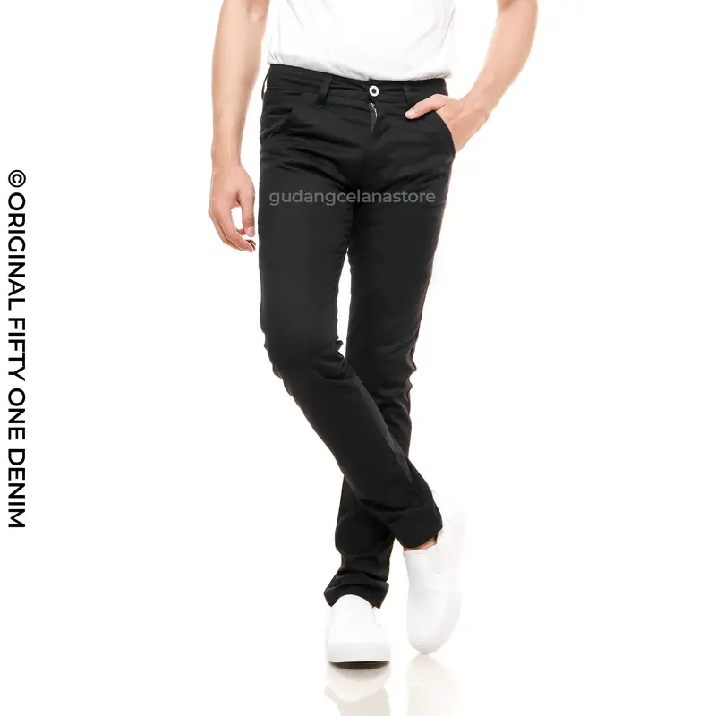 FIFTY ONE DENIM - Celana Chino Pria Panjang Slim Fit Katun Twill Stretch Melar Hitam Pekat Premium New Original Distro Fifty One Denim Nyaman Tebal Melar Santai Black Ukuran 28-34 1
