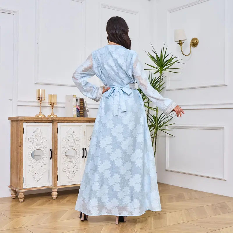 2025V Collar Temperament Dress Middle East Jacquard Rhinestone Silver Lace Robe Abaya 3