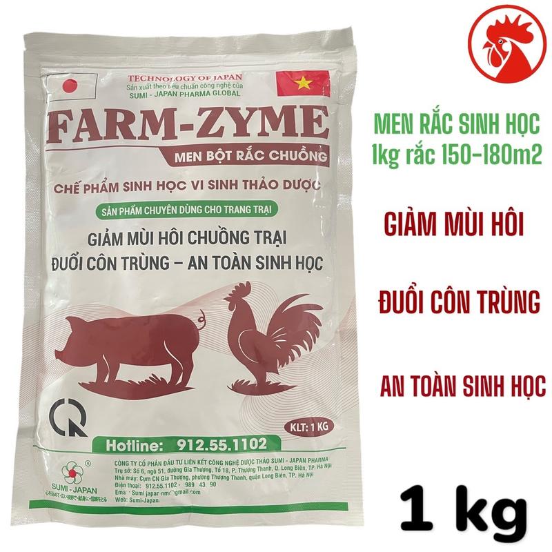 Gói FARM ZYME (1 kg) bột men vi sinh rắc chuồng trực tiếp khử mùi hôi phân chuồng, đuổi côn trùng, an toàn sinh học chuồng gà, vịt, đệm lót sinh học cho heo.