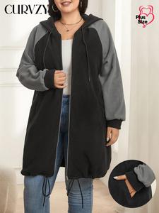CURVZY Plus Size Colorblock Drawstring Pocket Polar Fleece Hooded Coat, Casual Raglan Sleeve Hooded Outerwear for Fall & Winter, Women's Clothes for Daily Wear