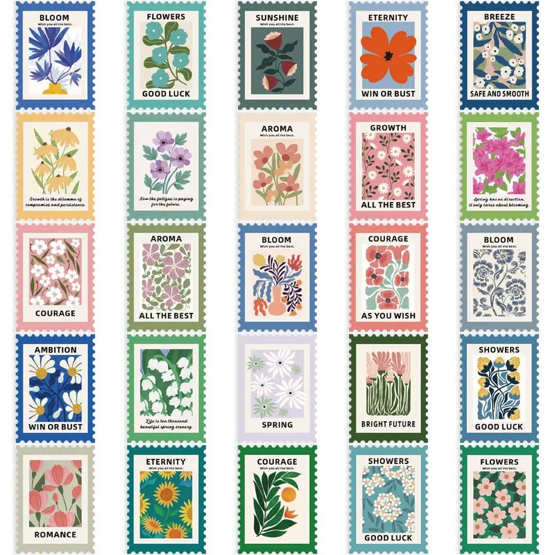 Flower Pattern Postage Stamp Sticker, 200pcs/set Self Adhesive Decorative Sticker, DIY Craft Decals for Phone Case, Scrapbooking, Journal Making 4