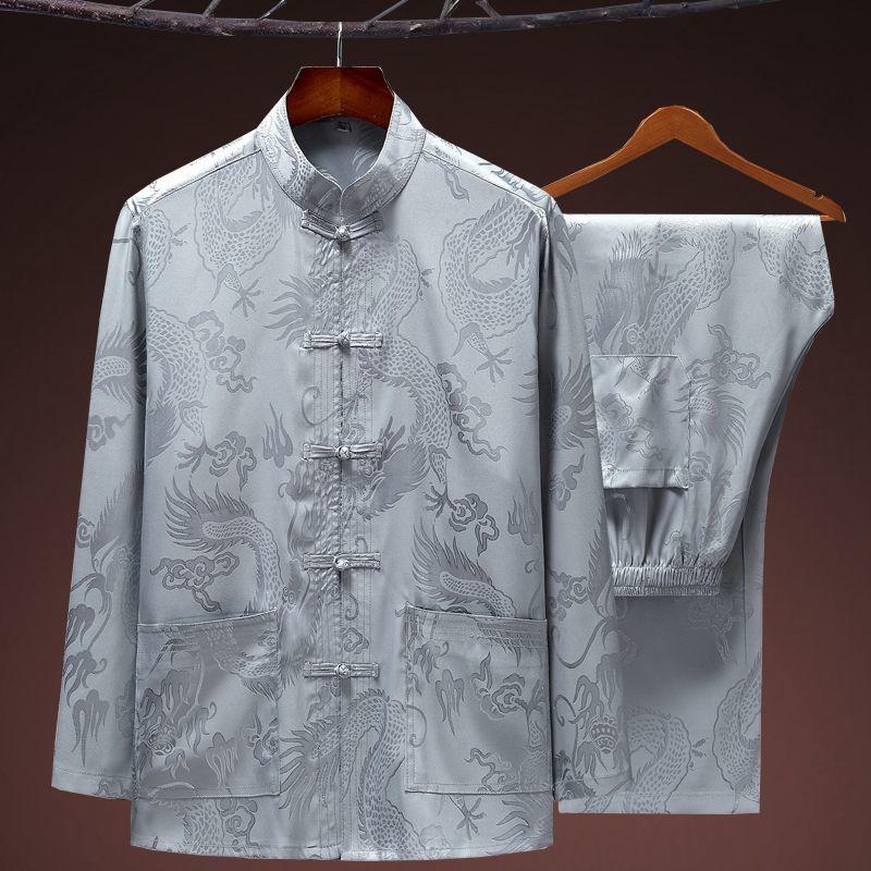 Bộ Đồ Tang Cho Nam Trung Người Già Và Cao Tuổi, Chất Liệu Lụa Lạnh Dài Tay, Phong Cách Trung Quốc, Thích Hợp Cho Mùa Xuân Và Mùa Hè, Quần Áo Ông Ngoại, Trang Phục Hanfu 0