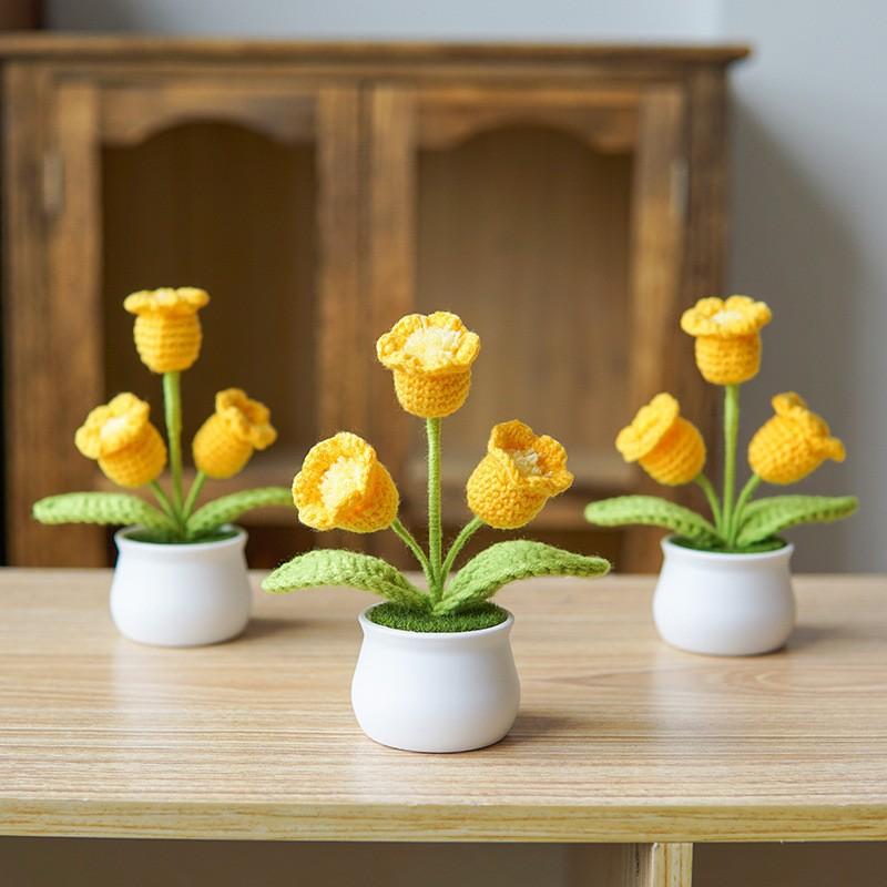 Product Introduction of Finished handmade woven lily of the valley potted home decoration, knitted simulated flower yarn, crochet bouquet, fake flower gift 8