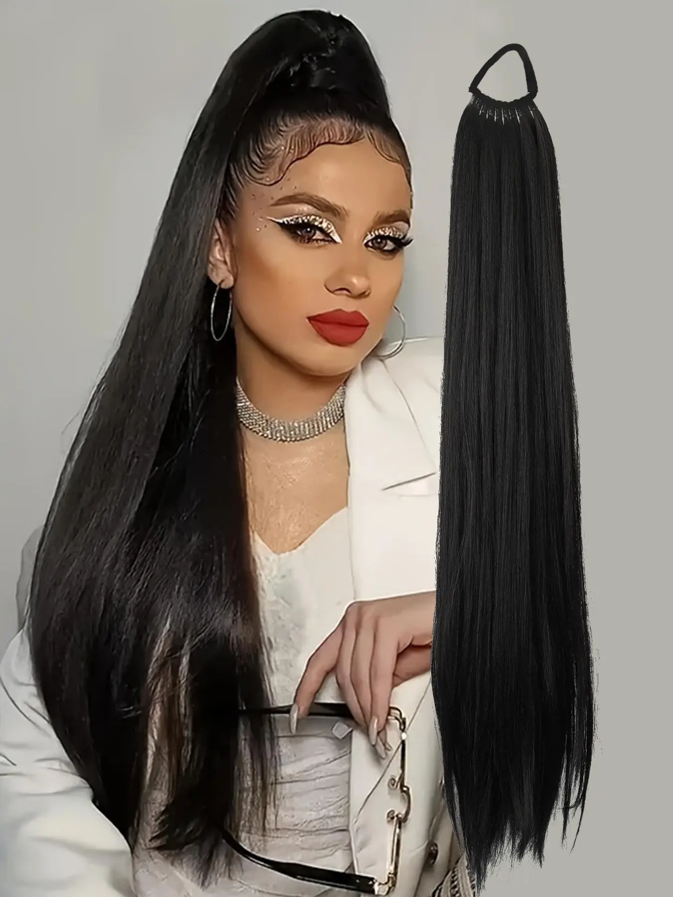 24 Inch Elastic Band Wrap Around Long Straight Ponytail Extension, Synthetic Ponytail Extensions for Women Many Hairstyles Ideas, Striking Natural Fluffy Wigs for Daily, Cosplay, Anime Or Costume Party, Hairstyle, Valentine's Day Gift