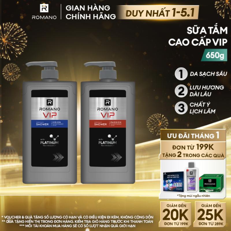 DUY NHẤT 1-5.1 ĐƠN 199K TẶNG 2 QUÀ Sữa tắm Dưỡng Thể cao cấp cho nam Romano VIP sang trọng cuốn hút 650g chai - 2 mùi hương Vision Passion