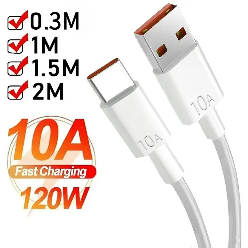 Kabel USB Jenis C, Universal, Pengecasan Super Pantas, Kuasa 120W, 10A, Serasi dengan Huawei P40, P30, Honor, Xiaomi Redmi, Tersedia dalam 0.3/1M/1.5M / 2M, Kord Data Phone