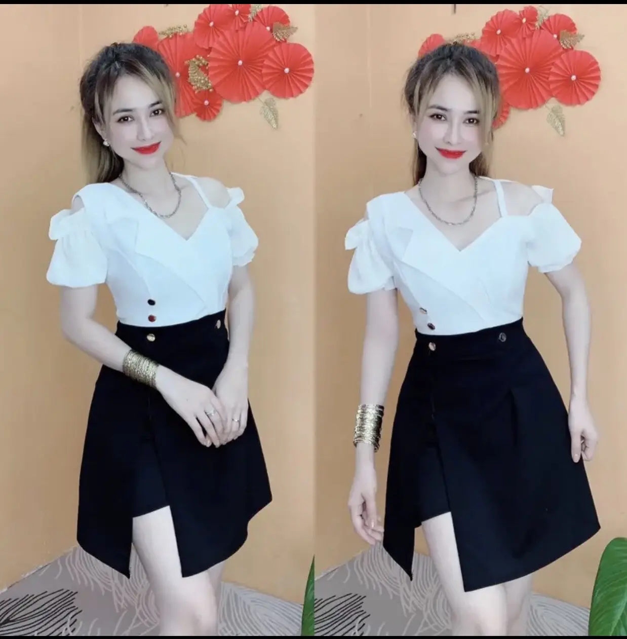 SÉT ĐẦM KÈM QUẦN ĐÙI-PHỐI HAI MÀU Nữ Women Thun Top Màu Trắng Kem Áo Cotton