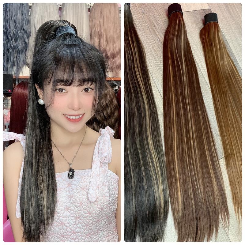 Tóc giả thanh quấn thẳng light bạch kim, 60cm, tặng dưỡng vs thun Wig