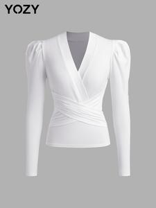 YOZY Women's Plain Criss Cross Ruched V Neck Tee, Casual Puff Sleeve T-Shirt for Spring & Fall, Women's Clothing for Daily Wear