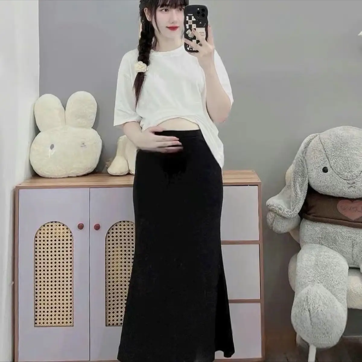 Chân váy bầu cv 326 đuôi cá dáng dài midi cạp chun chất cotton zip bigsize suông dài