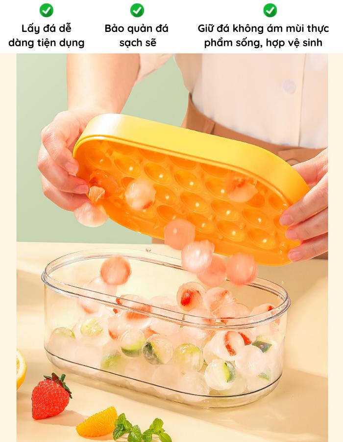 Product Introduction of Khay làm đá silicone tròn có nắp đậy, khay làm đá 24 viên thông minh tủ lạnh có hộp đựng, muỗng xúc đá tiện dụng – THEA 5