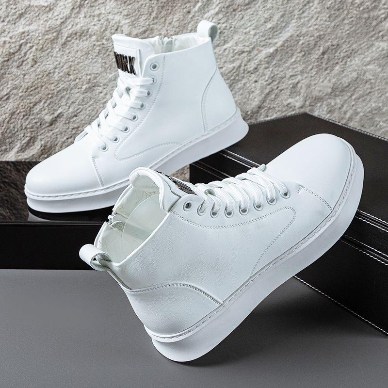 Giày Trượt ván Cao Cổ Cho Nam Mới 2024 Bốt Nâng Cao Vô Hình Màu Trắng Bốt Trắng Nhỏ Da Sáng Thường Ngày Đế Dày