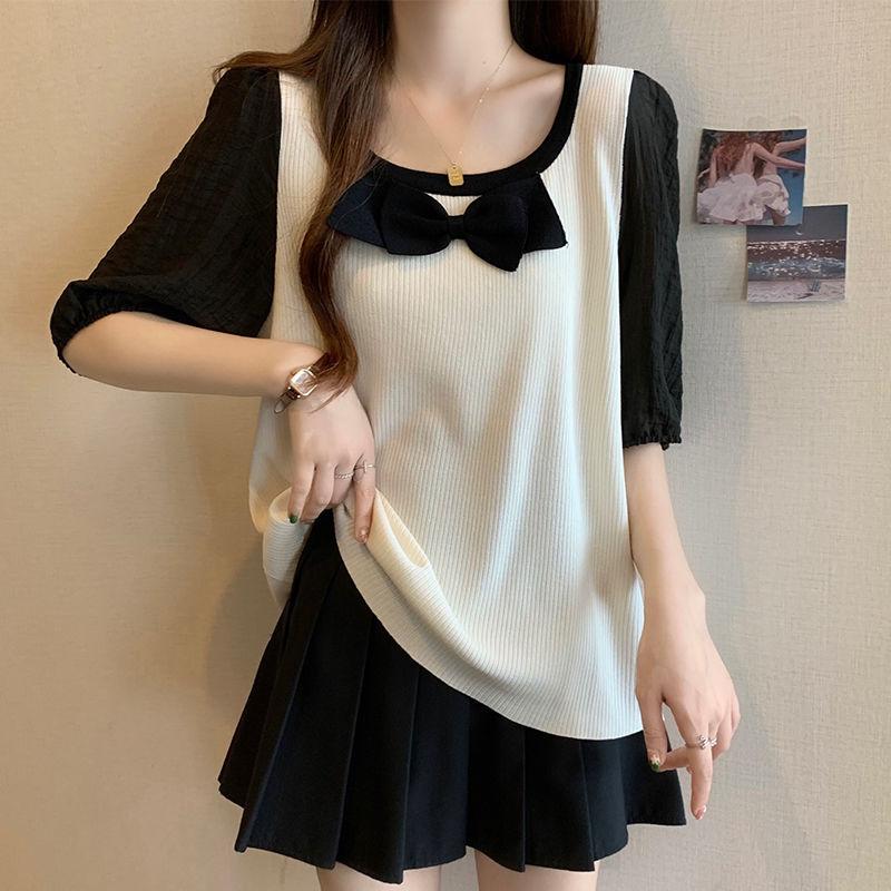 Product Introduction of Plus Size French Square Collar Niche Belly Covering Children Summer Fat Sister Show Stitching Fake Two Pieces Casual Bottoming Shirt 2