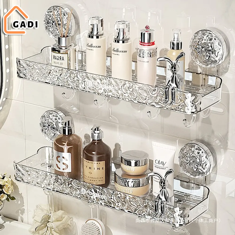 Kệ để đồ nhà tắm có cốc hút chắc chắn chất liệu PET, Kệ treo nhà bếp đa năng chịu tải mạnh có móc treo đồ đi kèm