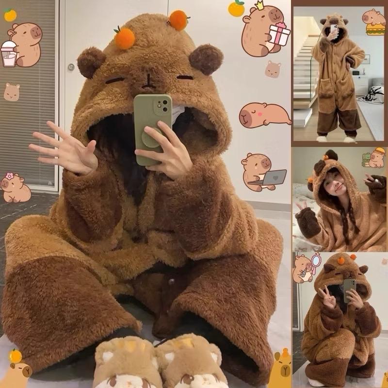 ￼[QC][40-70kg]Áo choàng/Váy/ Bộ liền ngủ lông dài tay CAPYBARA mềm mại ấm áp Nữ Women An nhiên shop Voi Sen