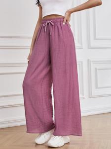 YOZY Women's Drawstring Elastic Waist Textured Wide Leg Pants, Causal Loose High-Waisted Straight Leg Trousers for Outdoor Vacation Holiday, Spring & Fall Clothes Bottoms