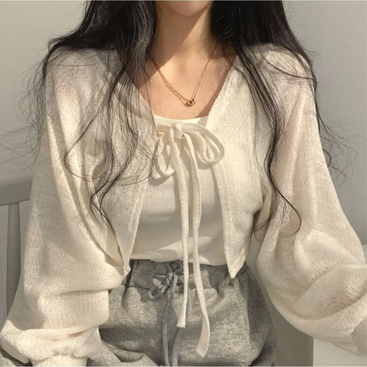 Áo Khoác Cardigan Mùa Hè, Thiết Kế Độc Đáo Cổ Điển Dễ Phối Đồ, Tay Phồng Cà Vạt, Ngắn, Chống Nắng, Mỏng, Dành Cho Nữ, Bộ Sưu Tập 26k Người