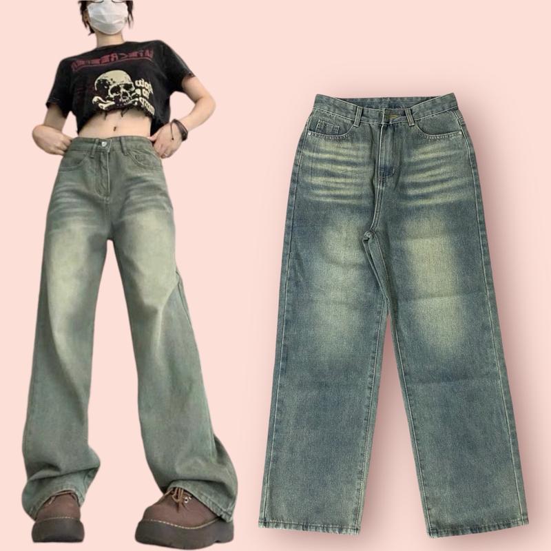 Quần baggy jeans bò ống rộng nữ form suông cạp cao màu xanh rêu phong cách Retro, vải cotton không giãn wash mềm thoáng mát, che khuyết điểm Women Pants quan jeans