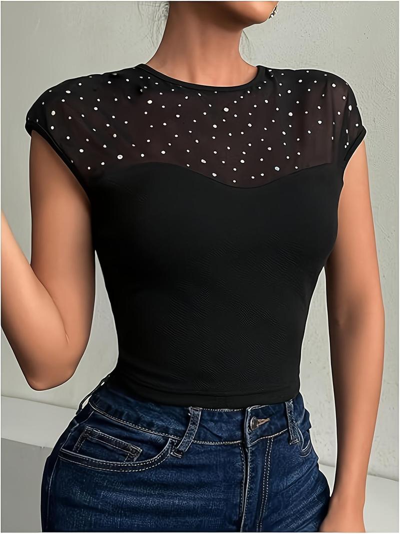 Product Introduction of Women's Contrast Sequins Sheer Top, Elegant Fashion Casual Crew Neck Top for Daily Outdoor Wear, Women Clothing for Summer 4